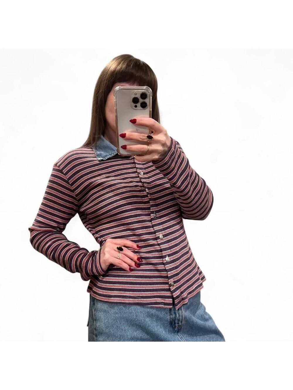 Vintage Y2K striped ribbed button up top with denim collar
